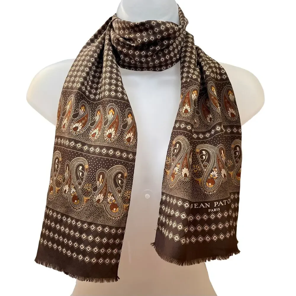 Jean Patou Paris Vintage Earth-Tone Paisley Long Rectangle Fringe Silk Scarf